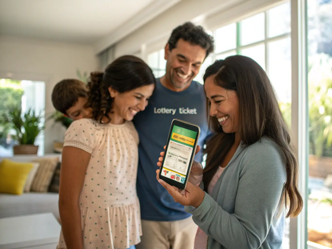 An image of a Brazilian family happily checking lottery results on a smartphone, with a winning ticket displayed on the screen, symbolizing the joy and potential rewards of participating in Bet's lottery games.